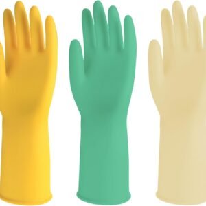 3 Pairs Rubber Cleaning Gloves for Household, Reusable Extra Thick Dishwashing Gloves Waterproof Non-Slip Gloves for Kitchen (Large, Beige+Yellow+Green)