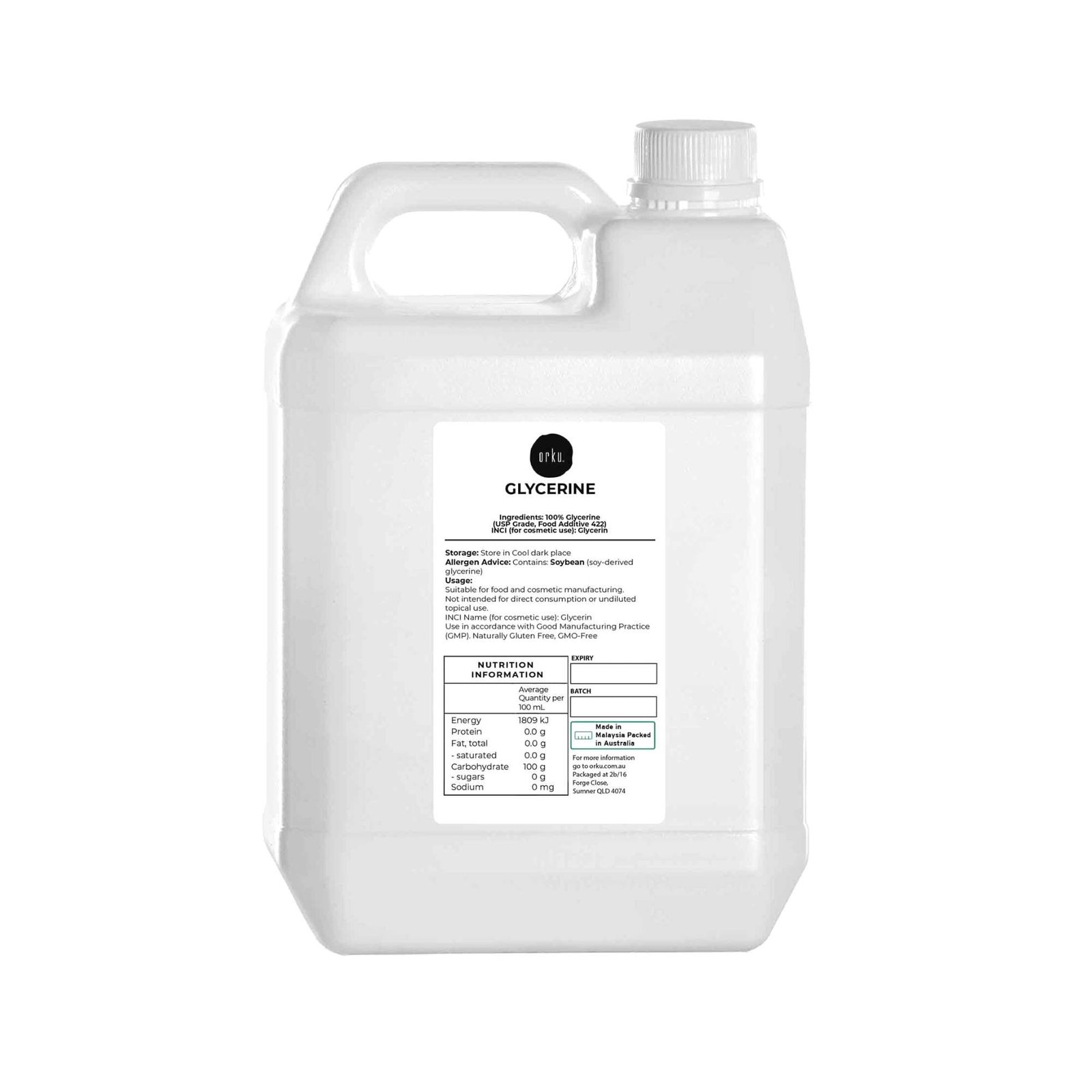 Orku 5L Glycerine 99.9% Pure USP Food + Cosmetic Grade – Vegetable Glycerol
