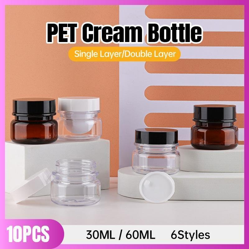 10pcs PET Plastic Cosmetic Bottles Refillable Travel Face Cream Containers - 30ml-Brown+Black-Double