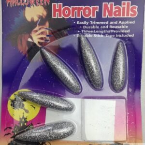 10x Long GLITTER HORROR NAILS Halloween Party Costume Accessory Vampire Witch - Silver