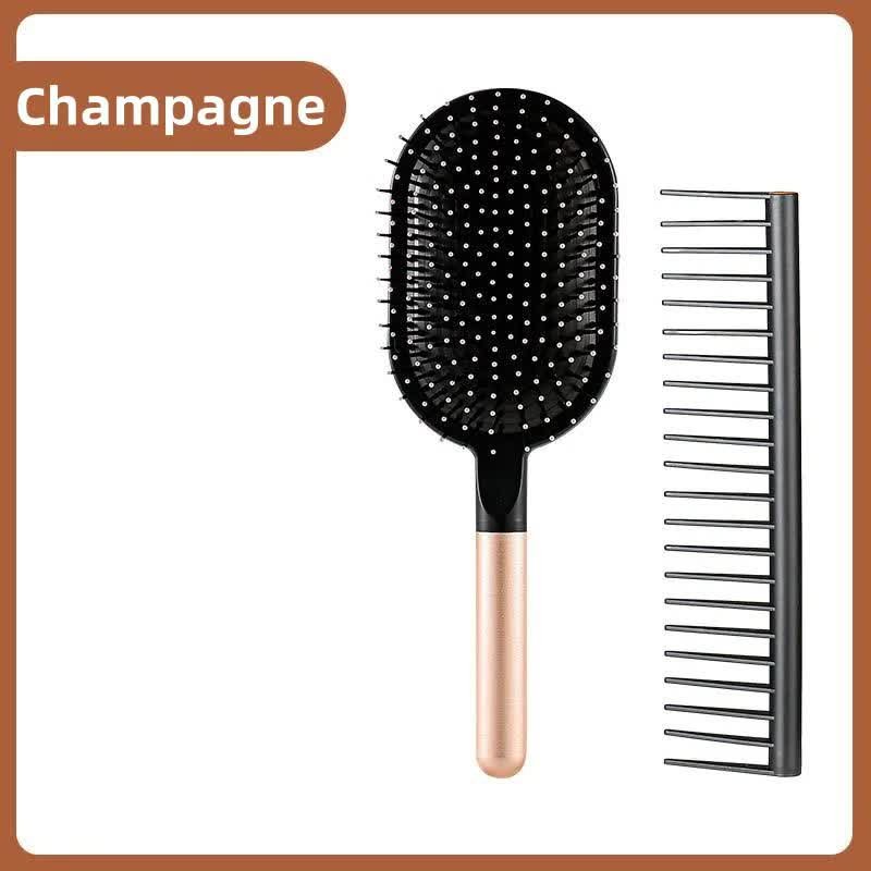 Champagne Air Cushion Massage Paddle Brush & Wide Tooth Comb Set - Gentle Detangling for All Hair Types