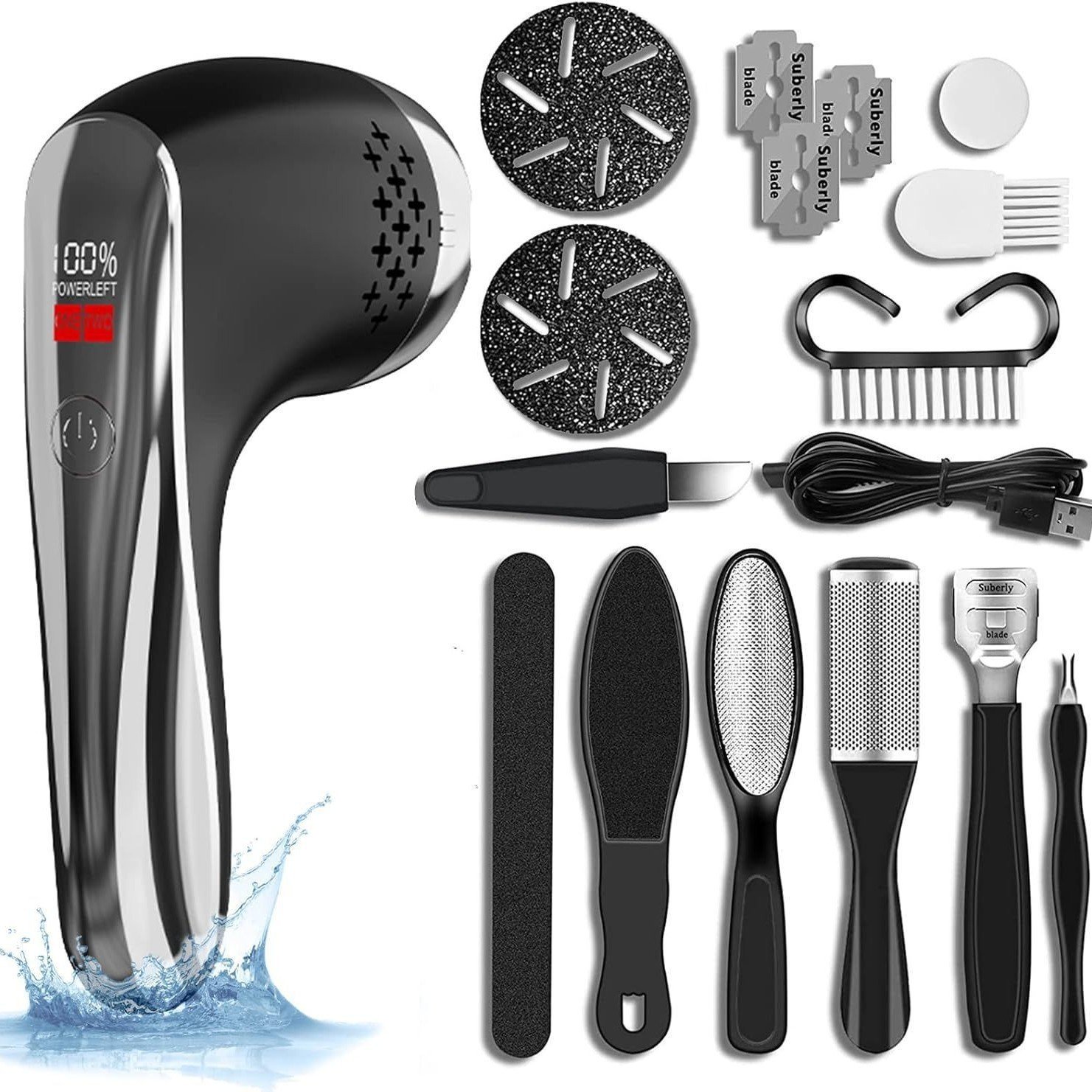 Black Rechargeable Electric Foot Grinder with Suction - Complete 10-Piece Pedicure Kit