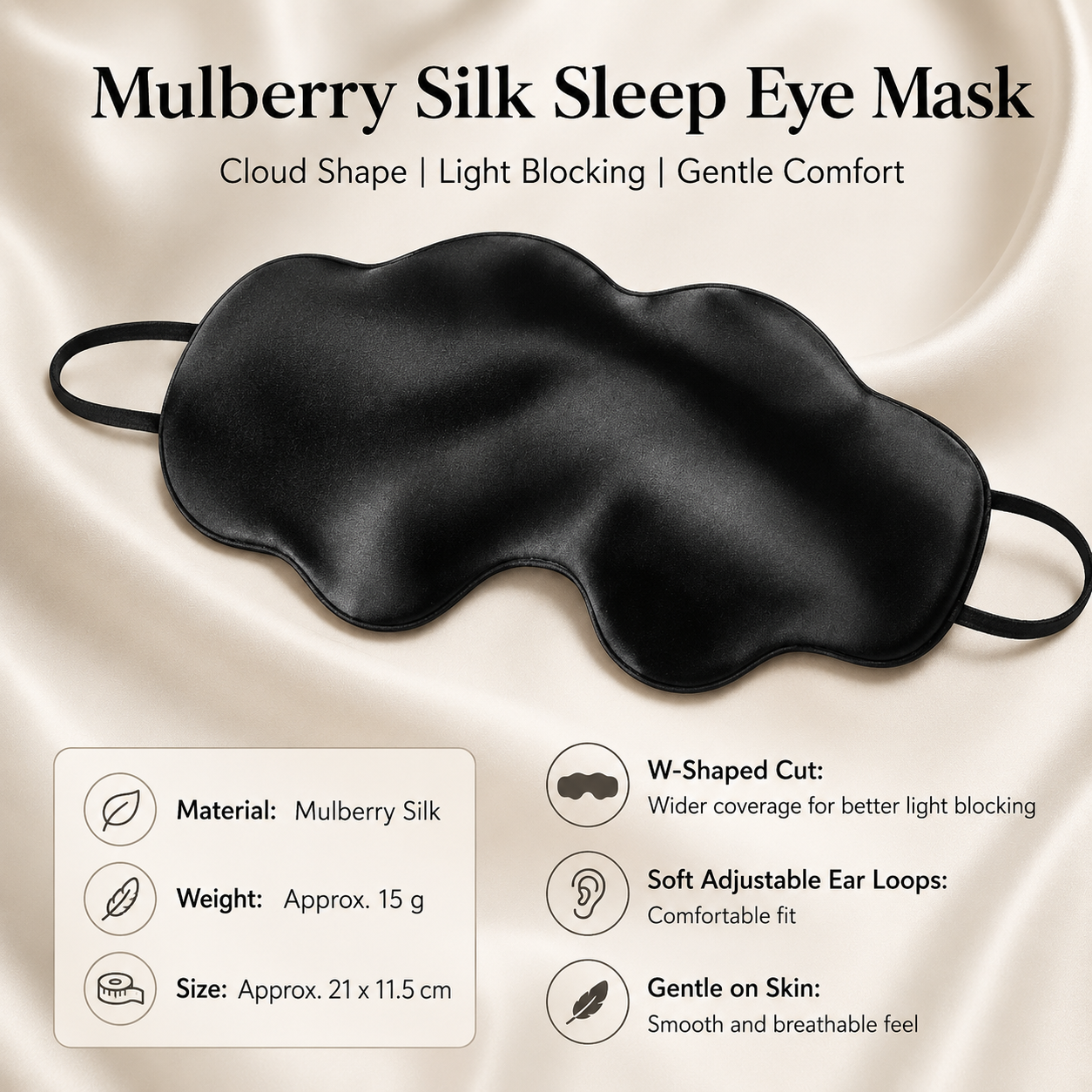 Home - Black Mulberry Silk Sleep Eye Mask - Cloud Shaped Blackout Blindfold with Adjustable Strap, Lightweight Travel and Nap Essential for Sensitive Skin