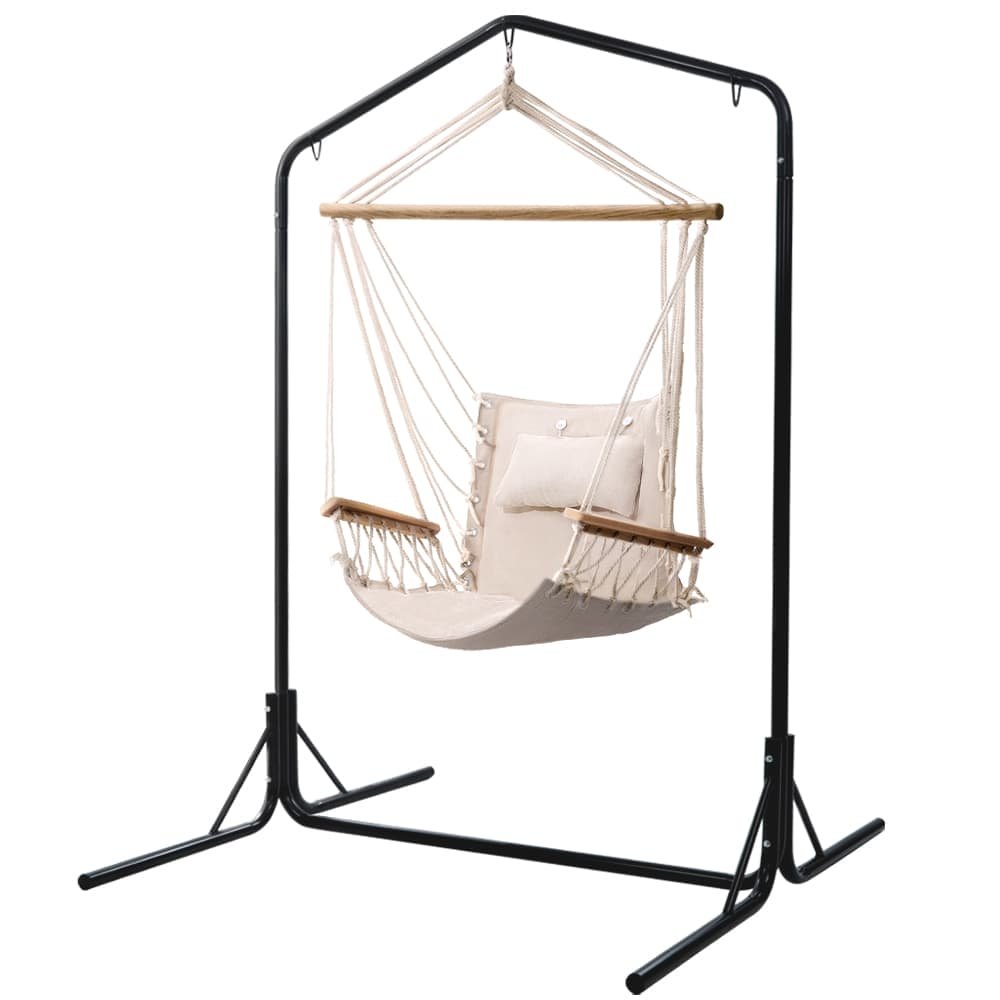 Gardeon Outdoor Hammock Chair with Stand Swing Hanging Hammock Garden Cream - HM-CHAIR-ARM-CREAM-U Gardeon Outdoor Hammock Chair with Stand Swing Hanging Hammock Garden Cream