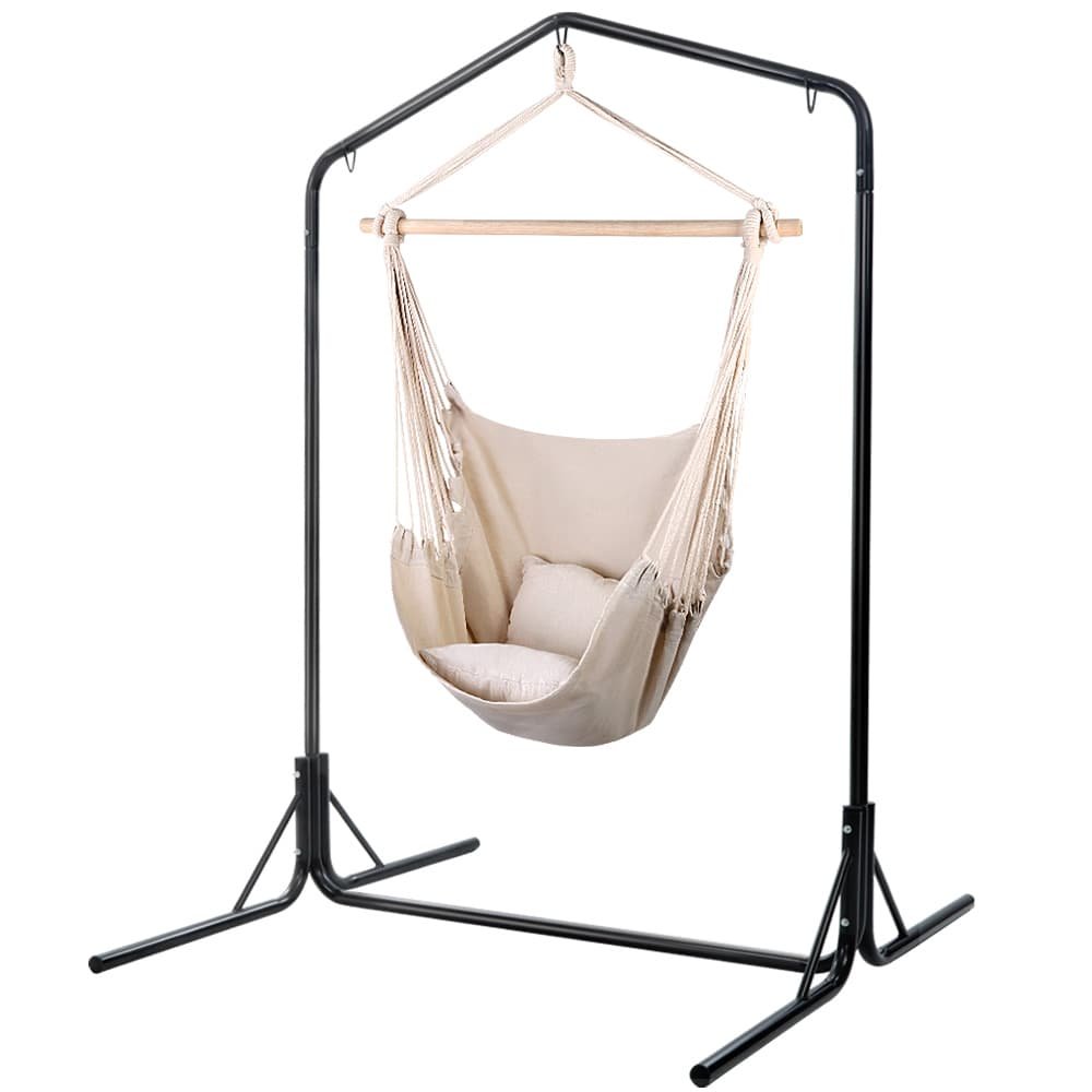 Gardeon Outdoor Hammock Chair with Stand Hanging Hammock with Pillow Cream - HM-CHAIR-PILLOW-CREAM-U Gardeon Outdoor Hammock Chair with Stand Hanging Hammock with Pillow Cream