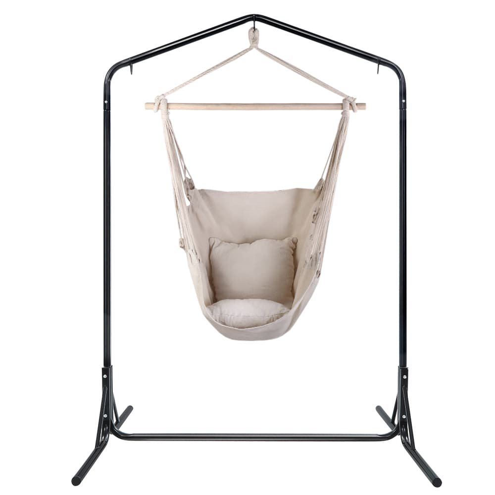 Gardeon Outdoor Hammock Chair with Stand Hanging Hammock with Pillow Cream - HM-CHAIR-PILLOW-CREAM-U Gardeon Outdoor Hammock Chair with Stand Hanging Hammock with Pillow Cream - Image 3