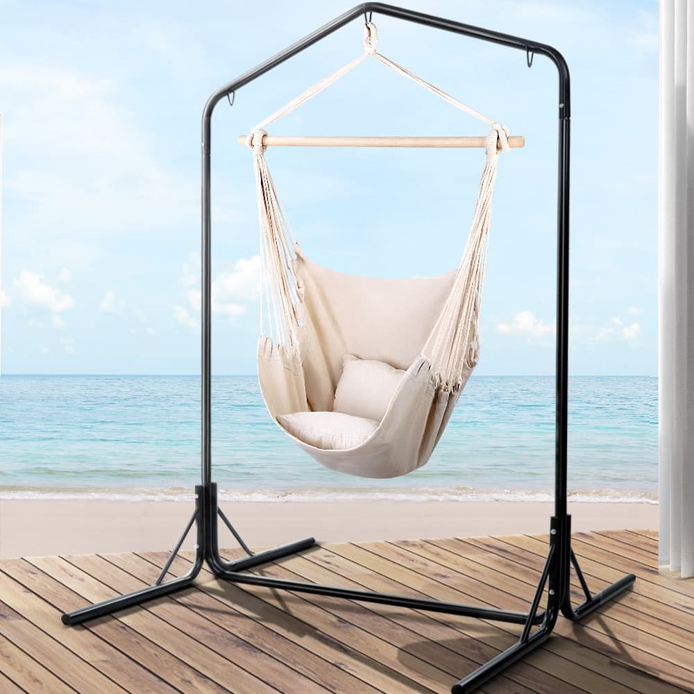 Gardeon Outdoor Hammock Chair with Stand Hanging Hammock with Pillow Cream - HM-CHAIR-PILLOW-CREAM-U Gardeon Outdoor Hammock Chair with Stand Hanging Hammock with Pillow Cream - Image 8