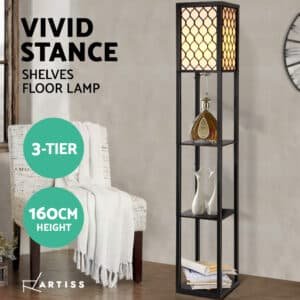 Artiss Floor Lamp 3 Tier Shelf Storage LED Light Stand Home Room Pattern Black - LAMP-FLOOR-SF-3017-B-BK