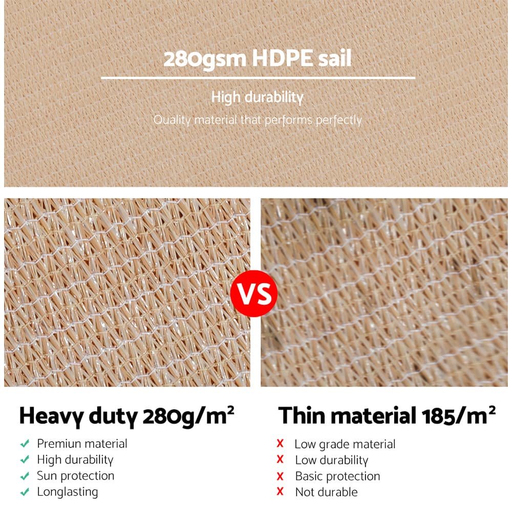 Instahut Shade Sail 5x7m Rectangle 280GSM 98% Sand Shade Cloth - SAIL-H-5X7-C-SA Instahut Shade Sail 5x7m Rectangle 280GSM 98% Sand Shade Cloth - Image 5