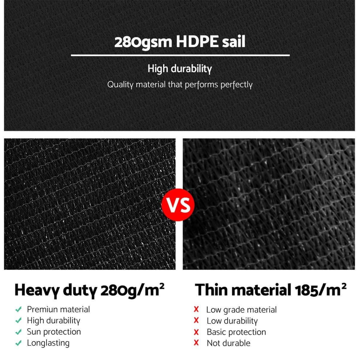 Instahut Shade Sail 6x7m Rectangle 280GSM 98% Black Shade Cloth - SAIL-H-6X7-C-BK Instahut Shade Sail 6x7m Rectangle 280GSM 98% Black Shade Cloth - Image 5
