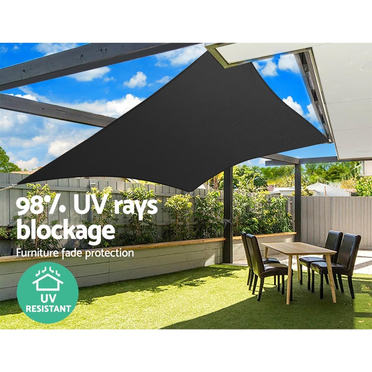 Instahut Shade Sail 6x7m Rectangle 280GSM 98% Black Shade Cloth - SAIL-H-6X7-C-BK Instahut Shade Sail 6x7m Rectangle 280GSM 98% Black Shade Cloth - Image 6