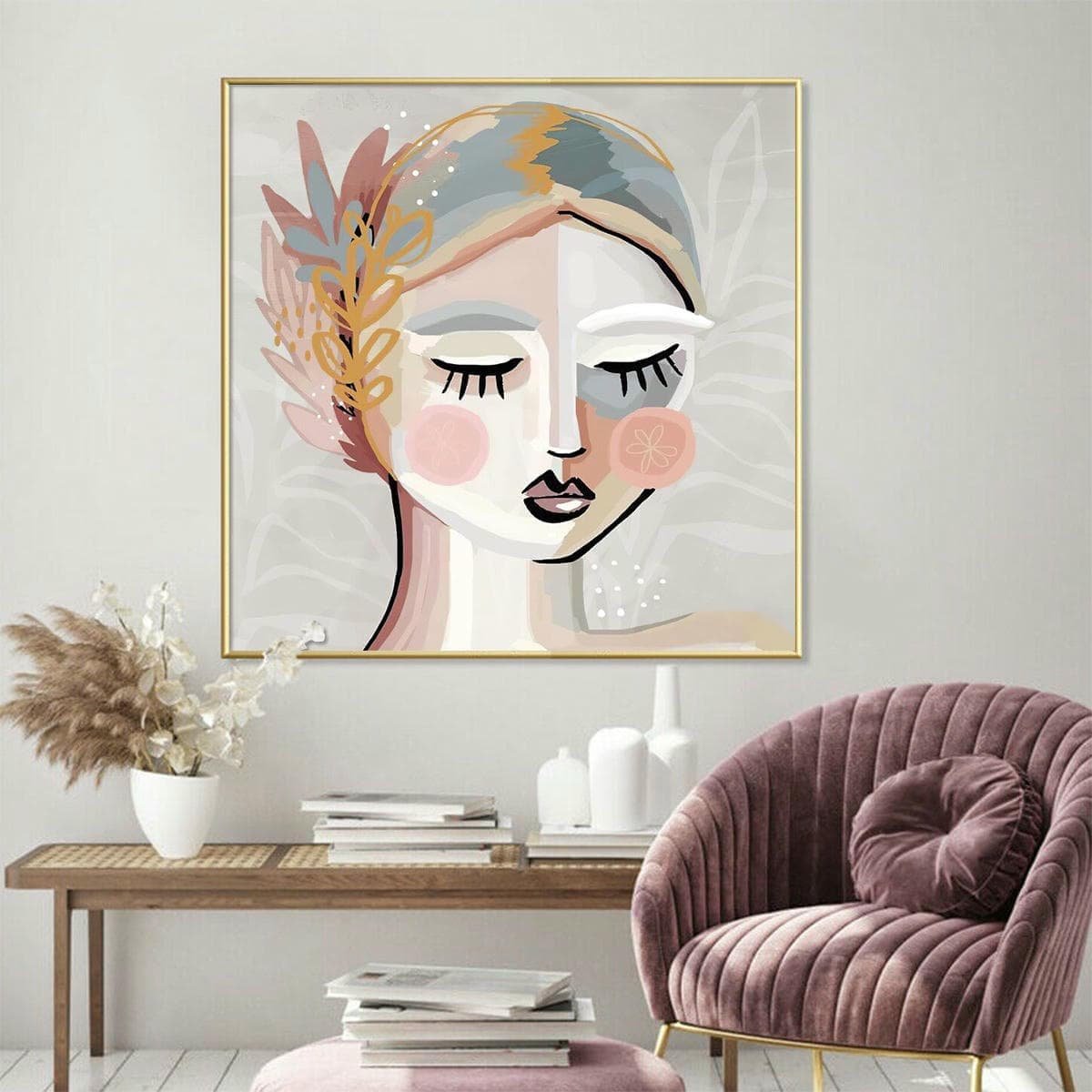 Wall Art 90cmx90cm Calm Girl Gold Frame Canvas - V207-1443-2 V207 1443 2 145847 01