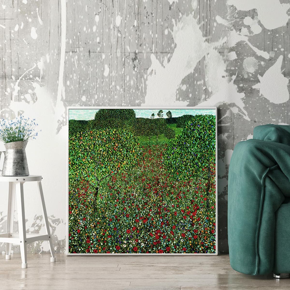 Wall Art 70cmx70cm Field of Poppies by Gustav Klimt White Frame Canvas - V207-1756 Wall Art 70cmx70cm Field of Poppies by Gustav Klimt White Frame Canvas - Image 2