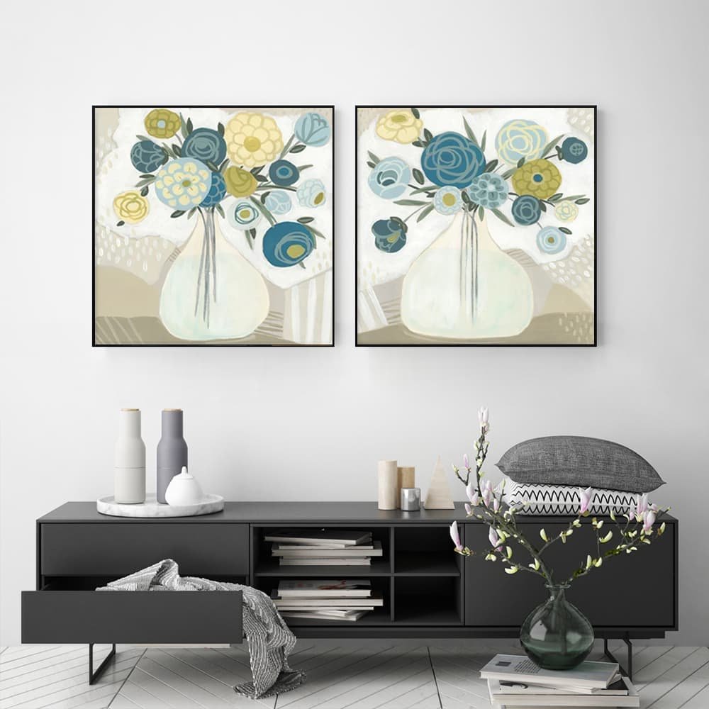 Wall Art 70cmx70cm Blue Bouquet 2 Sets Black Frame Canvas - V207-2093 Wall Art 70cmx70cm Blue Bouquet 2 Sets Black Frame Canvas - Image 2