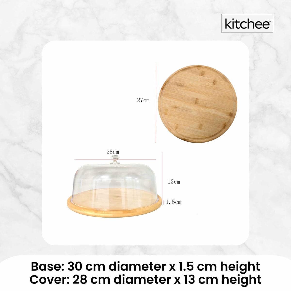 Kitchee 30cm Bamboo Cake Stand + Dome Acrylic Cover - Dessert Display Plate - V238-SUPDZ-41002621763664 V238 SUPDZ 41002621763664 202506301535 03