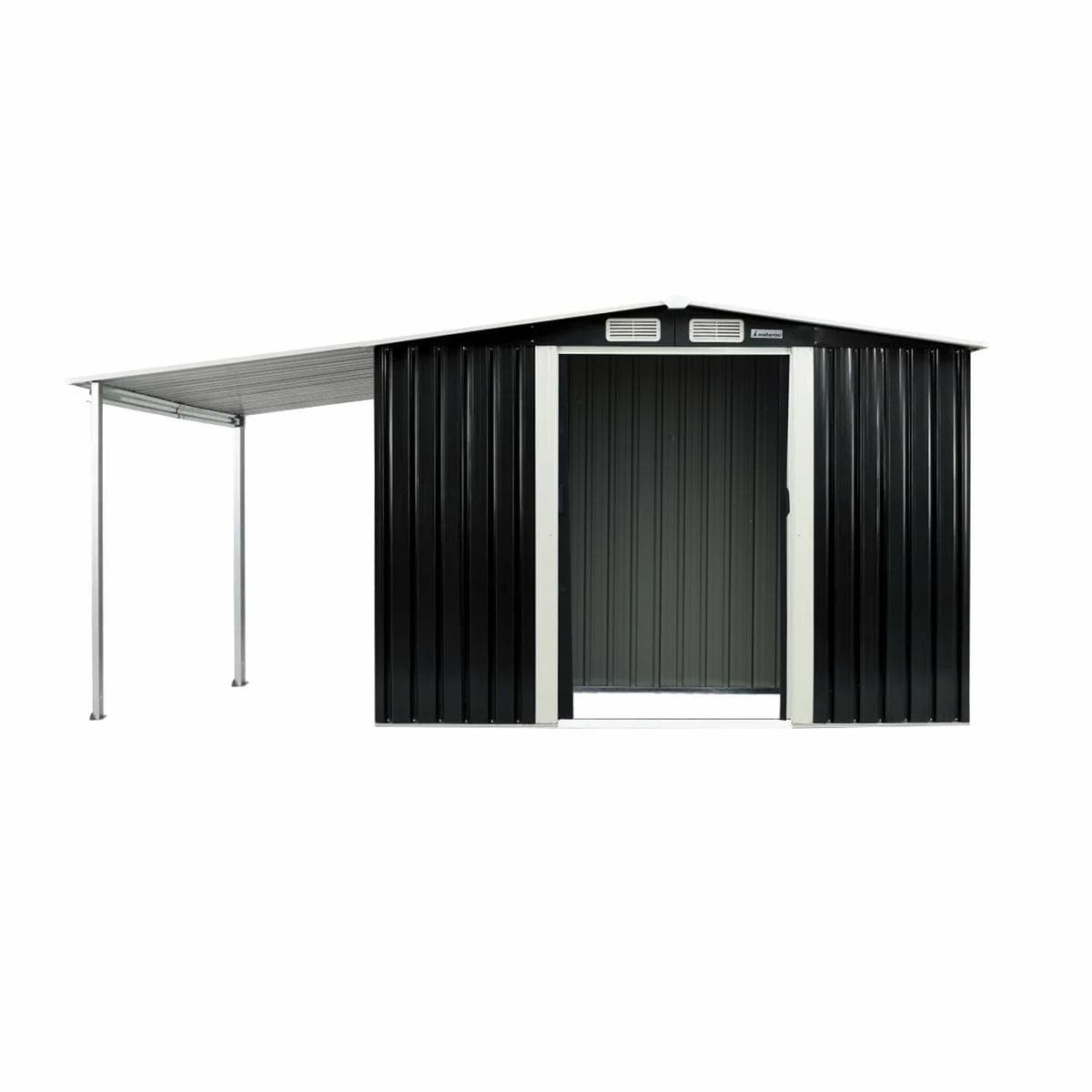 Wallaroo 10x8ft Zinc Steel Garden Shed with Open Storage - Black - V240-GSS-BSW-108O-BK Wallaroo 10x8ft Zinc Steel Garden Shed with Open Storage - Black
