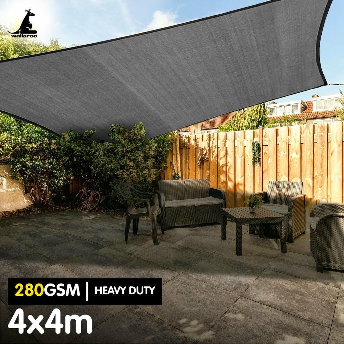 Wallaroo 280gsm Outdoor Sun Shade Sail Canopy Grey - 4m X 4m - V240-GYSS-280-4X4 V240 GYSS 280 4X4 167591 01