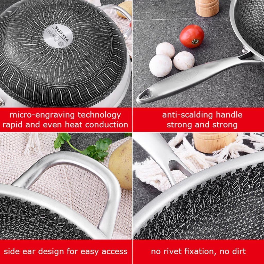 316 Stainless Steel 32cm Non-Stick Stir Fry Cooking Kitchen Wok Pan without Lid Honeycomb Double Sided - V255-316-32-NO-LID 316 Stainless Steel 32cm Non-Stick Stir Fry Cooking Kitchen Wok Pan without Lid Honeycomb Double Sided