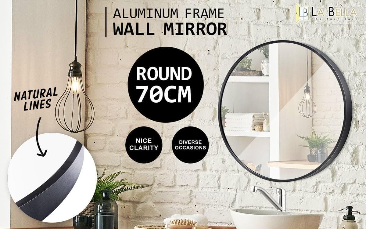 Wall Mirror Round Aluminum Frame Bathroom 70cm BLACK - V274-FT-BM-ALUR-BK70 Wall Mirror Round Aluminum Frame Bathroom 70cm BLACK - Image 2
