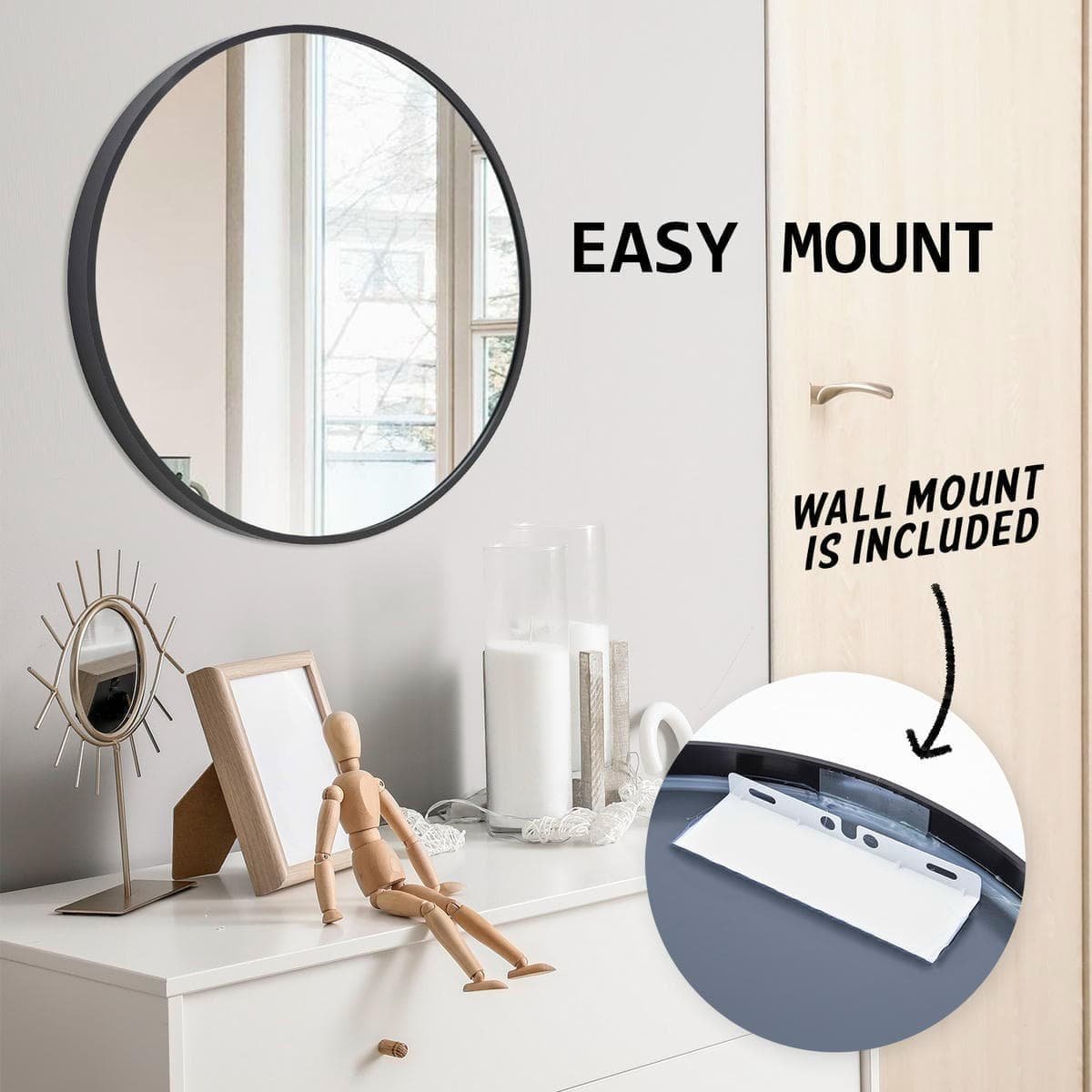 Wall Mirror Round Aluminum Frame Bathroom 70cm BLACK - V274-FT-BM-ALUR-BK70 Wall Mirror Round Aluminum Frame Bathroom 70cm BLACK - Image 11