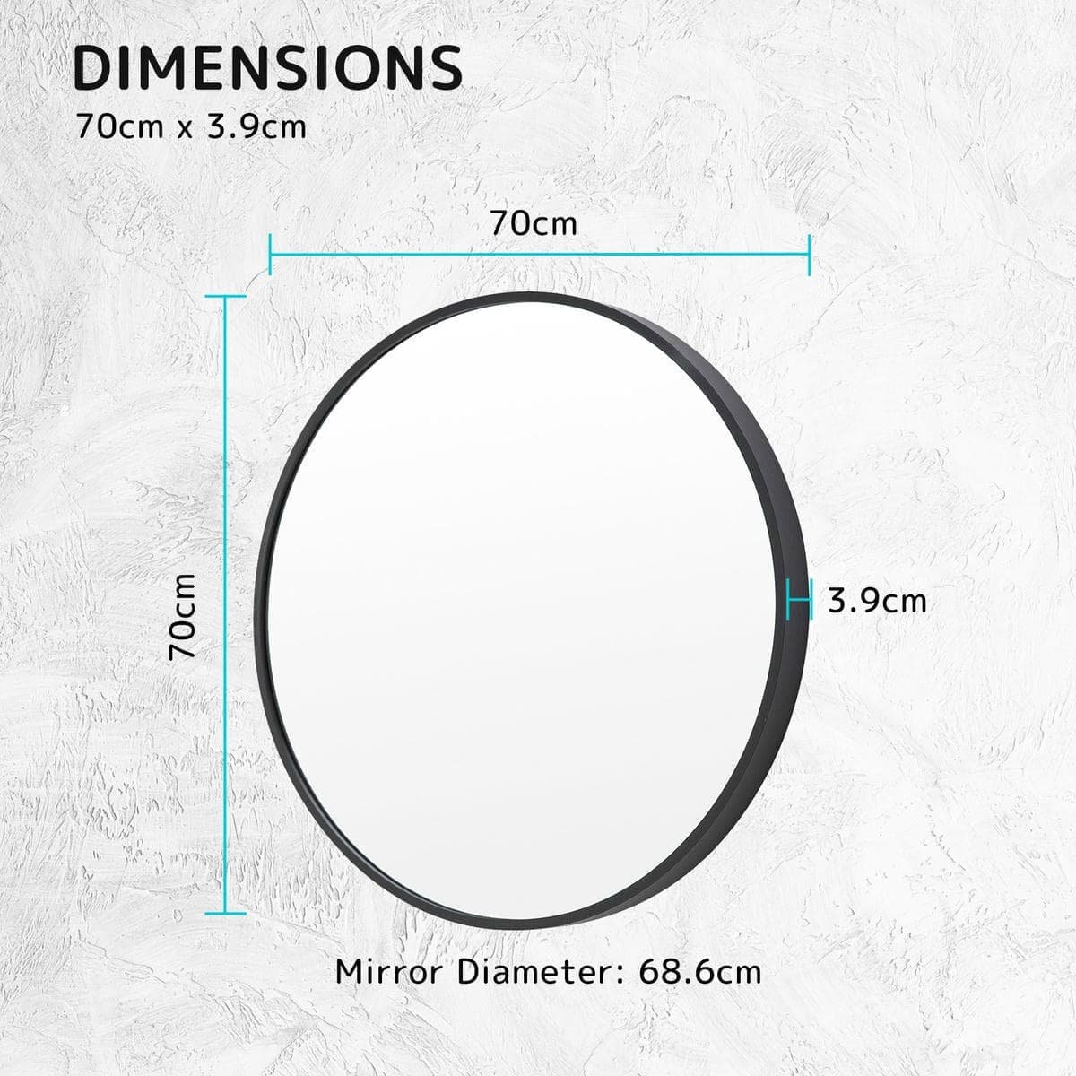 Wall Mirror Round Aluminum Frame Bathroom 70cm BLACK - V274-FT-BM-ALUR-BK70 Wall Mirror Round Aluminum Frame Bathroom 70cm BLACK - Image 12