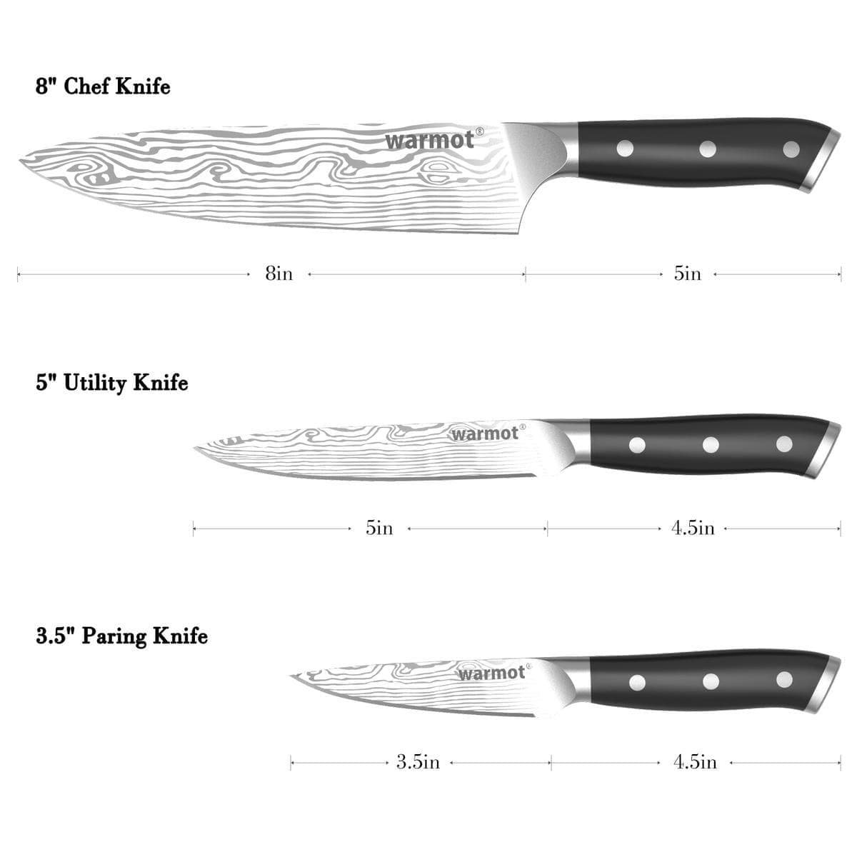 Warmot 3-Piece High Carbon Stainless Steel Cooking Knife Triple Riveted Handle with Gift Box(997-3) - V28-ELEWMT997-3 V28 ELEWMT997 3 197908 01
