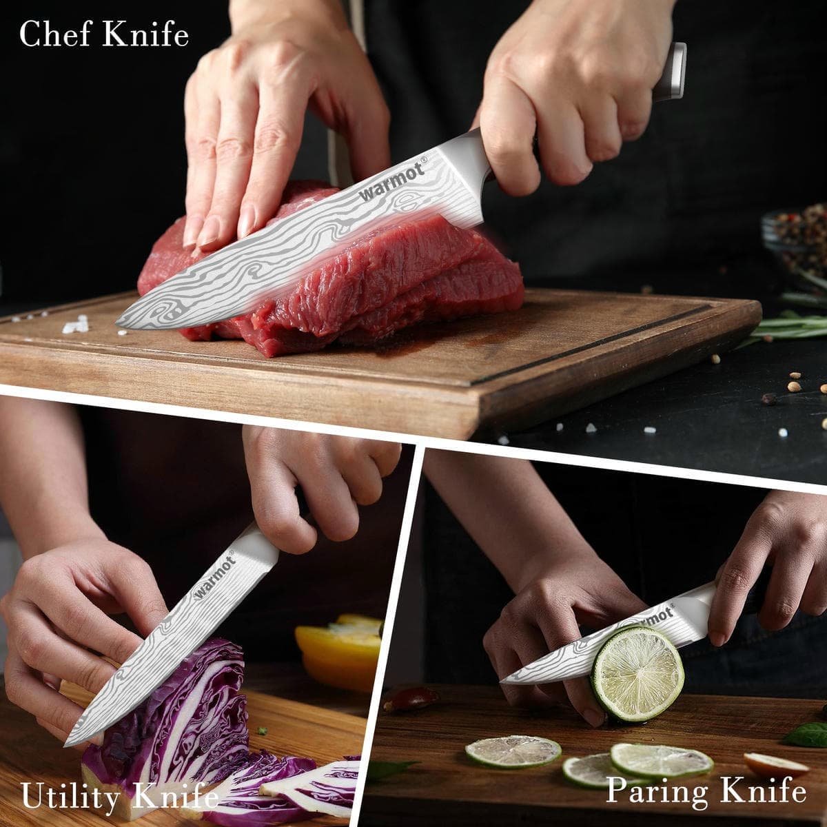 Warmot 3-Piece High Carbon Stainless Steel Cooking Knife Triple Riveted Handle with Gift Box(997-3) - V28-ELEWMT997-3 V28 ELEWMT997 3 197908 04