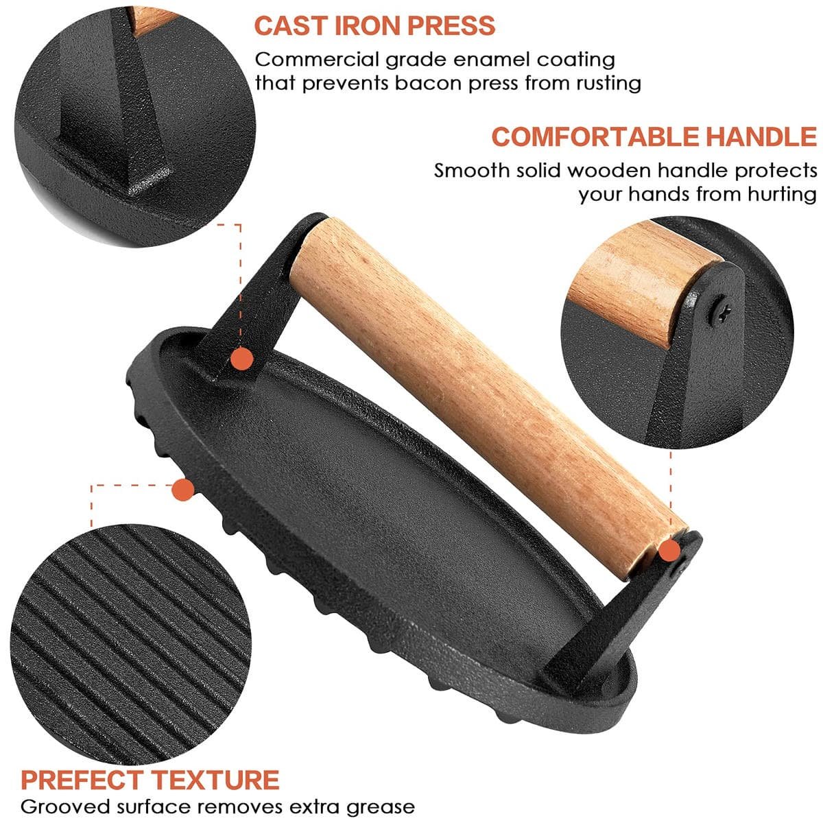 Heavy Duty Round / Rectangle Cast Iron Grill Burger Press Pre-Seasoned Steak Griddle BBQ Grilling - V324-TSD-BBPRESSET V324 TSD BBPRESSET 151068 06