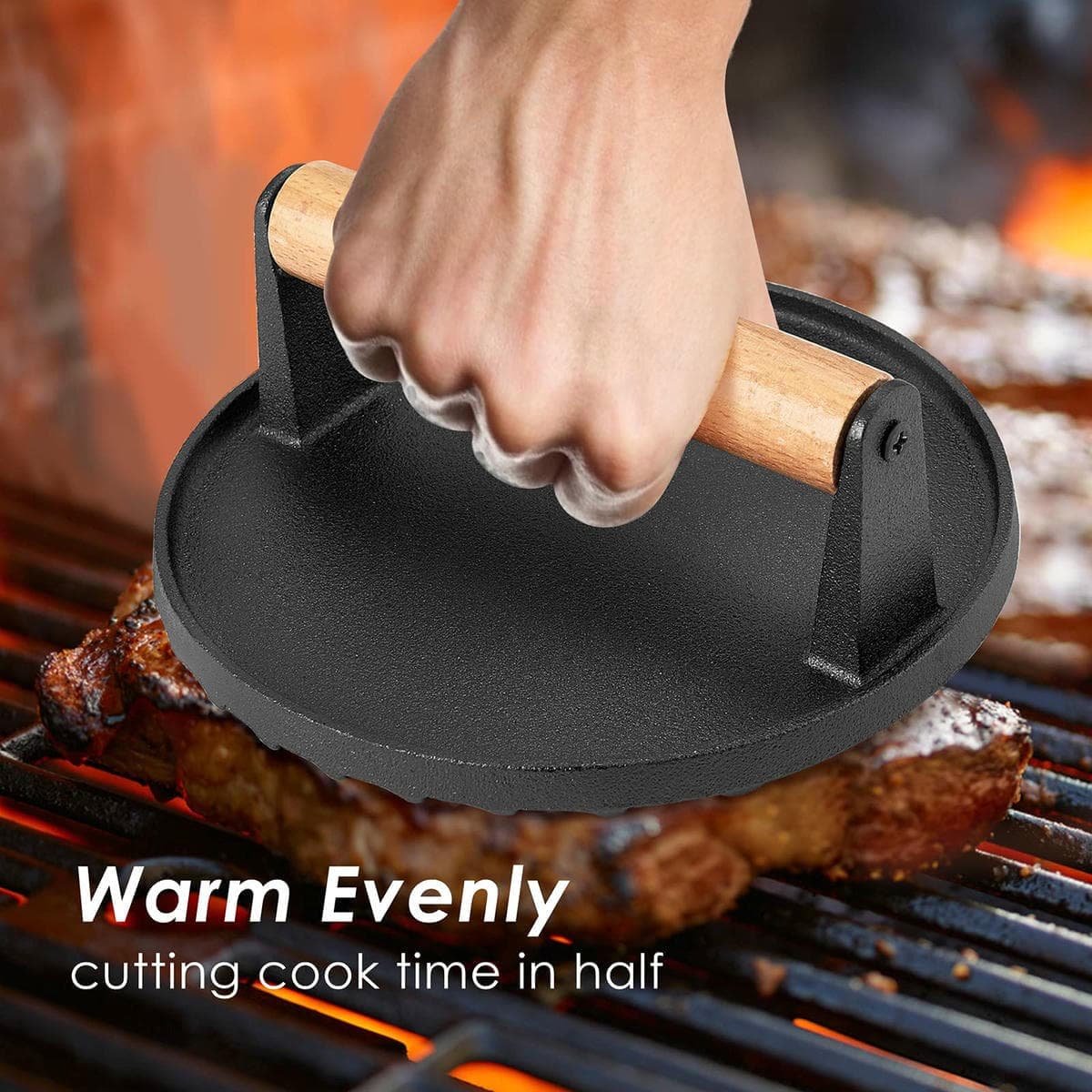 Heavy Duty Round / Rectangle Cast Iron Grill Burger Press Pre-Seasoned Steak Griddle BBQ Grilling - V324-TSD-BBPRESSET V324 TSD BBPRESSET 151068 08