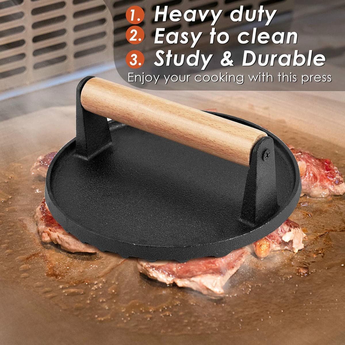 Heavy Duty Round / Rectangle Cast Iron Grill Burger Press Pre-Seasoned Steak Griddle BBQ Grilling - V324-TSD-BBPRESSET V324 TSD BBPRESSET 151068 09