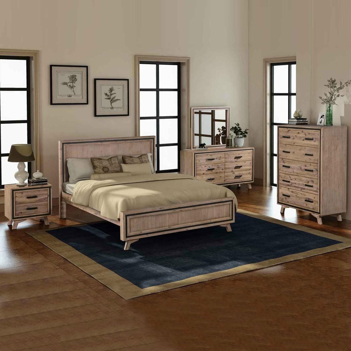 5 Pieces Bedroom Suite Queen Size Silver Brush in Acacia Wood Construction Bed, Bedside Table, Tallboy & Dresser - V43-BDS-SSH-5PC-Q 5 Pieces Bedroom Suite Queen Size Silver Brush in Acacia Wood Construction Bed, Bedside Table, Tallboy & Dresser