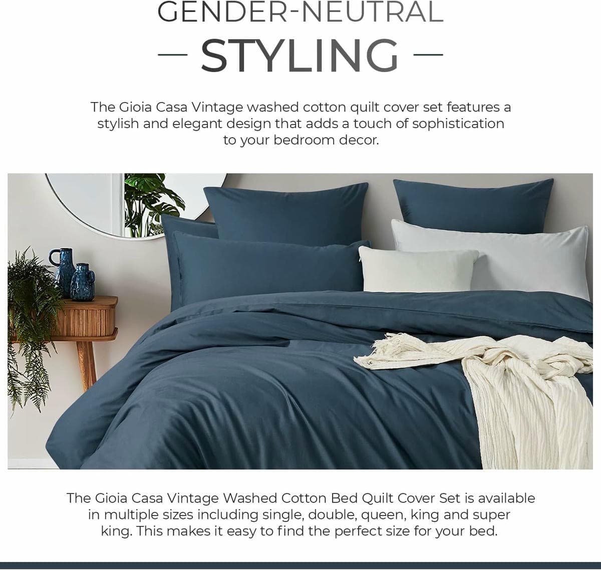 100% Cotton Vintage Washed Bed Quilt Cover Set - Dark Indigo - Single - V439-AQSWASHID V439 AQSWASHID 191205 08