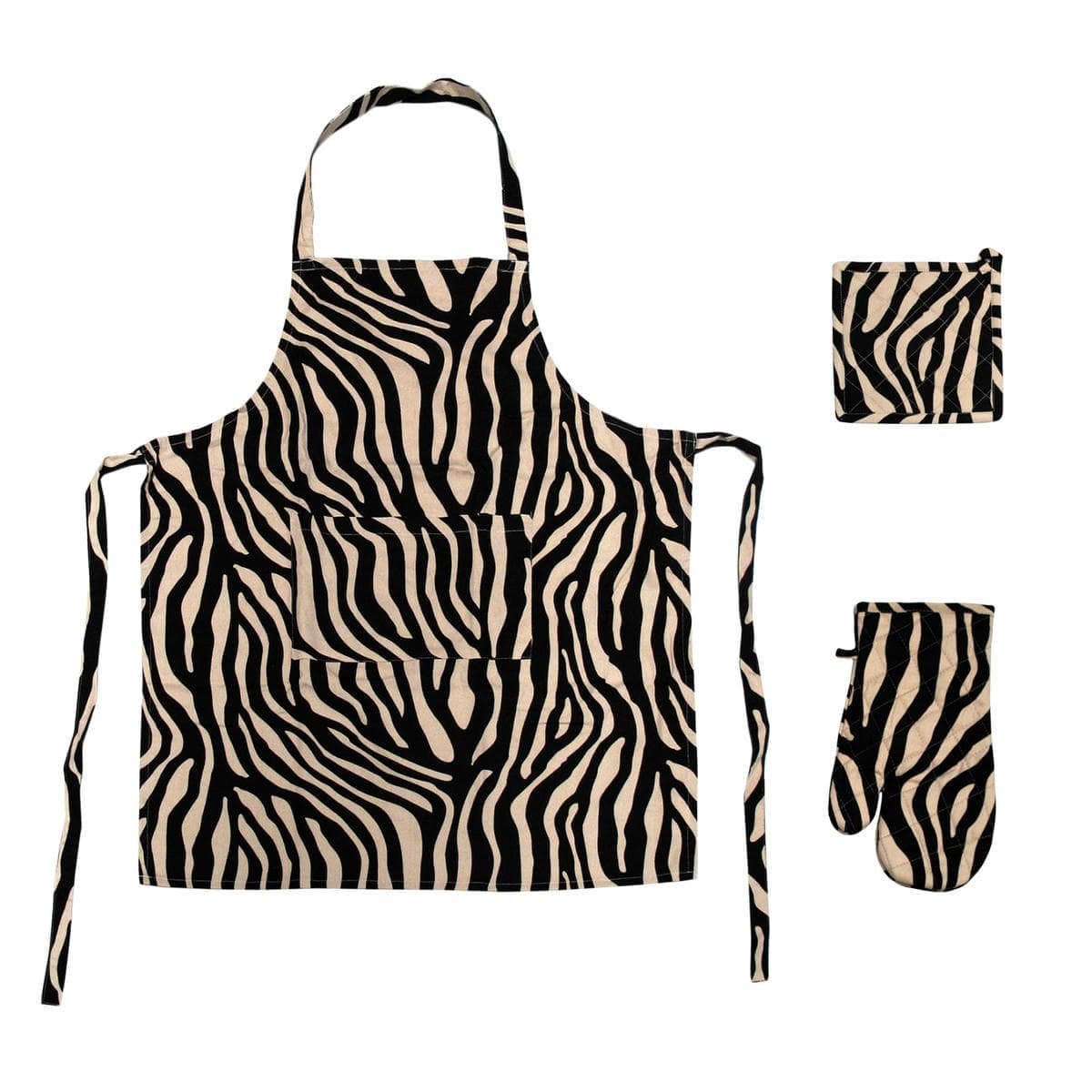 Set of 3 Cotton Linen Zebra Kitchen Set - V442-ABR-APRON-SETOF3ZEBRA-LINEN-SH Set of 3 Cotton Linen Zebra Kitchen Set