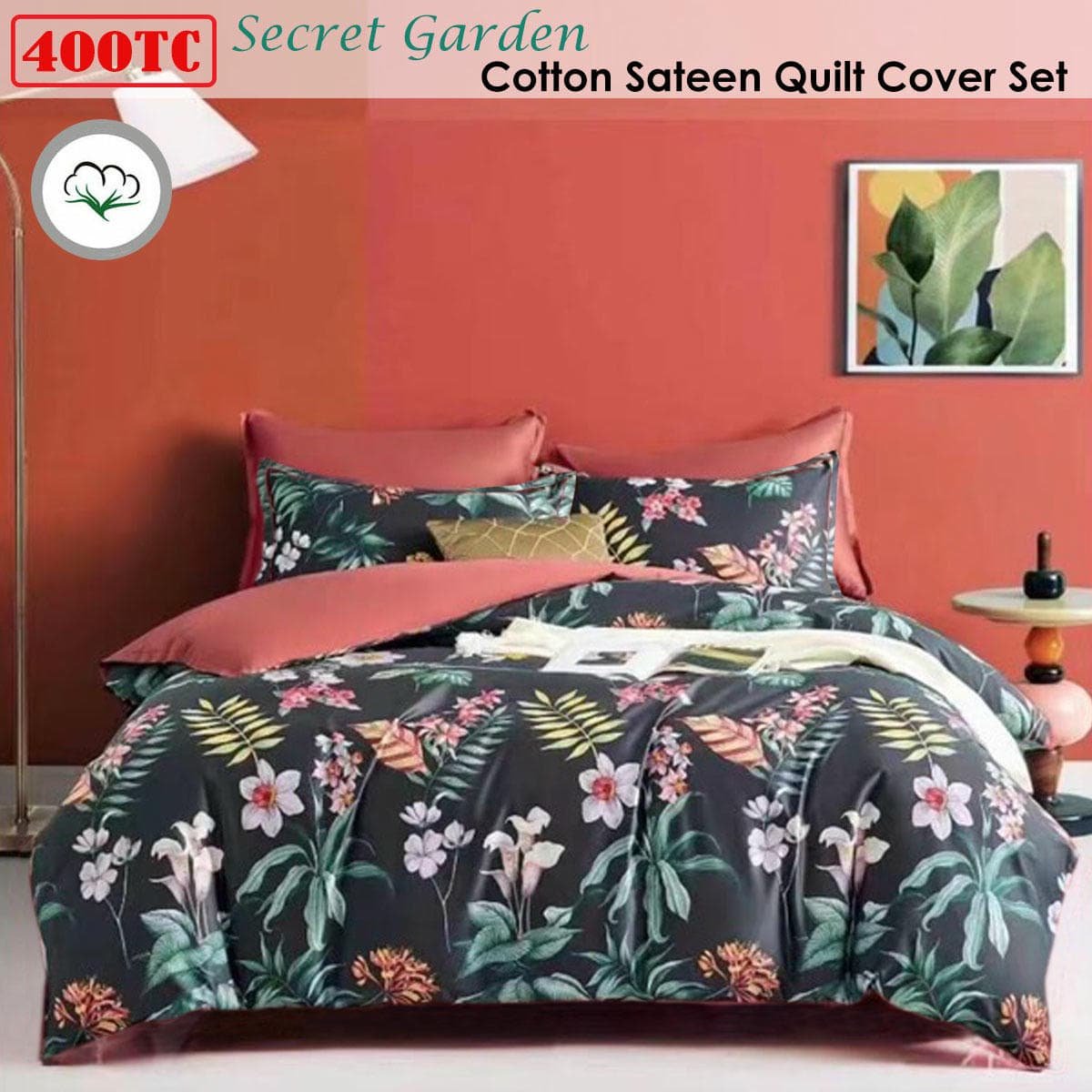 400TC Cotton Sateen Quilt Cover Set Secret Garden King - V442-ATX-QUILTCS-SECRETGARDEN-CHARCOAL-KI 400TC Cotton Sateen Quilt Cover Set Secret Garden King - Image 2
