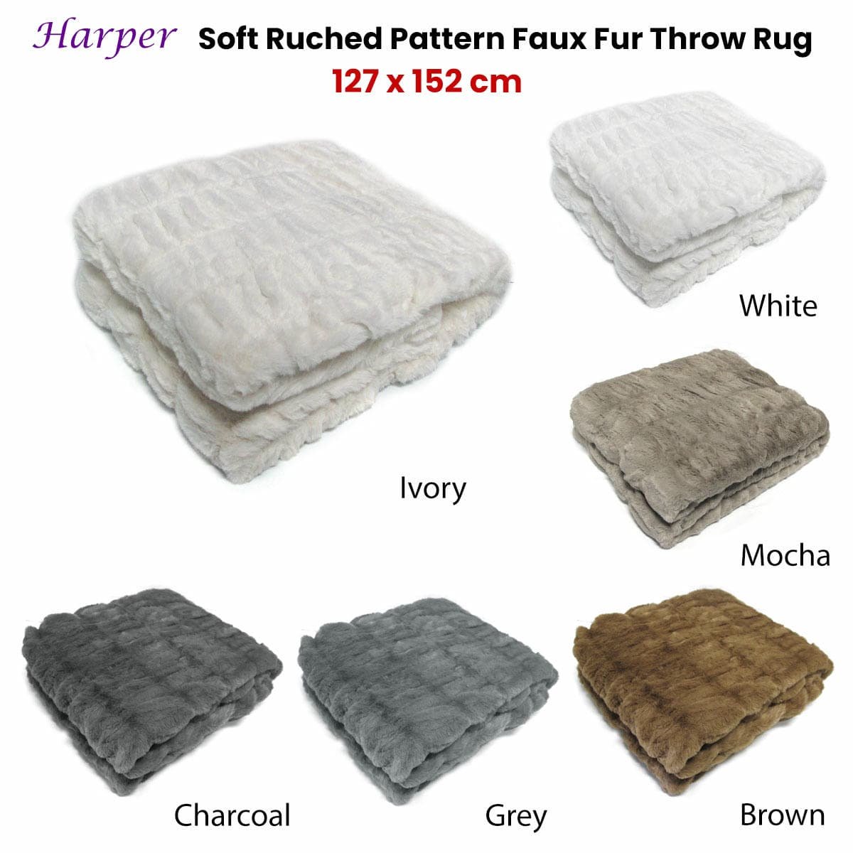Harper Soft Ruched Pattern Faux Fur Throw Rug 127 x 152 cm Charcoal - V442-ATX-THROW-HARPER-CHARCOAL-RE V442 ATX THROW HARPER CHARCOAL RE 202506241232 01