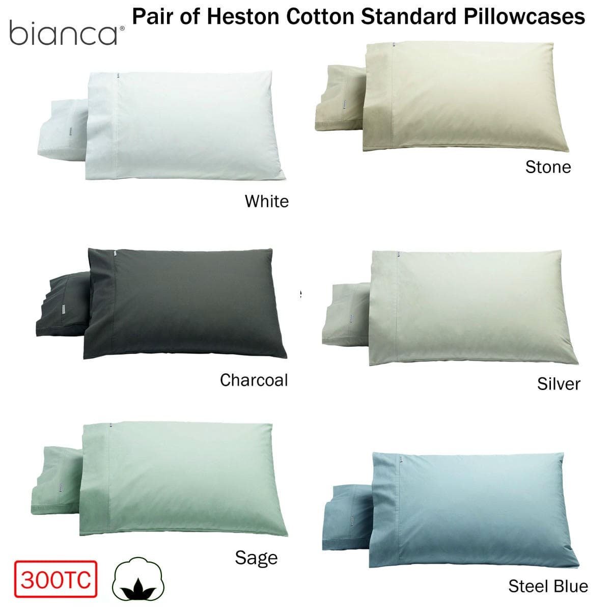 Bianca Pair of Heston Cotton Percale Standard Pillowcases Steel Blue - V442-BCA-PILLOWC-HESTON-STEELBLUE-ST V442 BCA PILLOWC HESTON STEELBLUE ST 204567 01