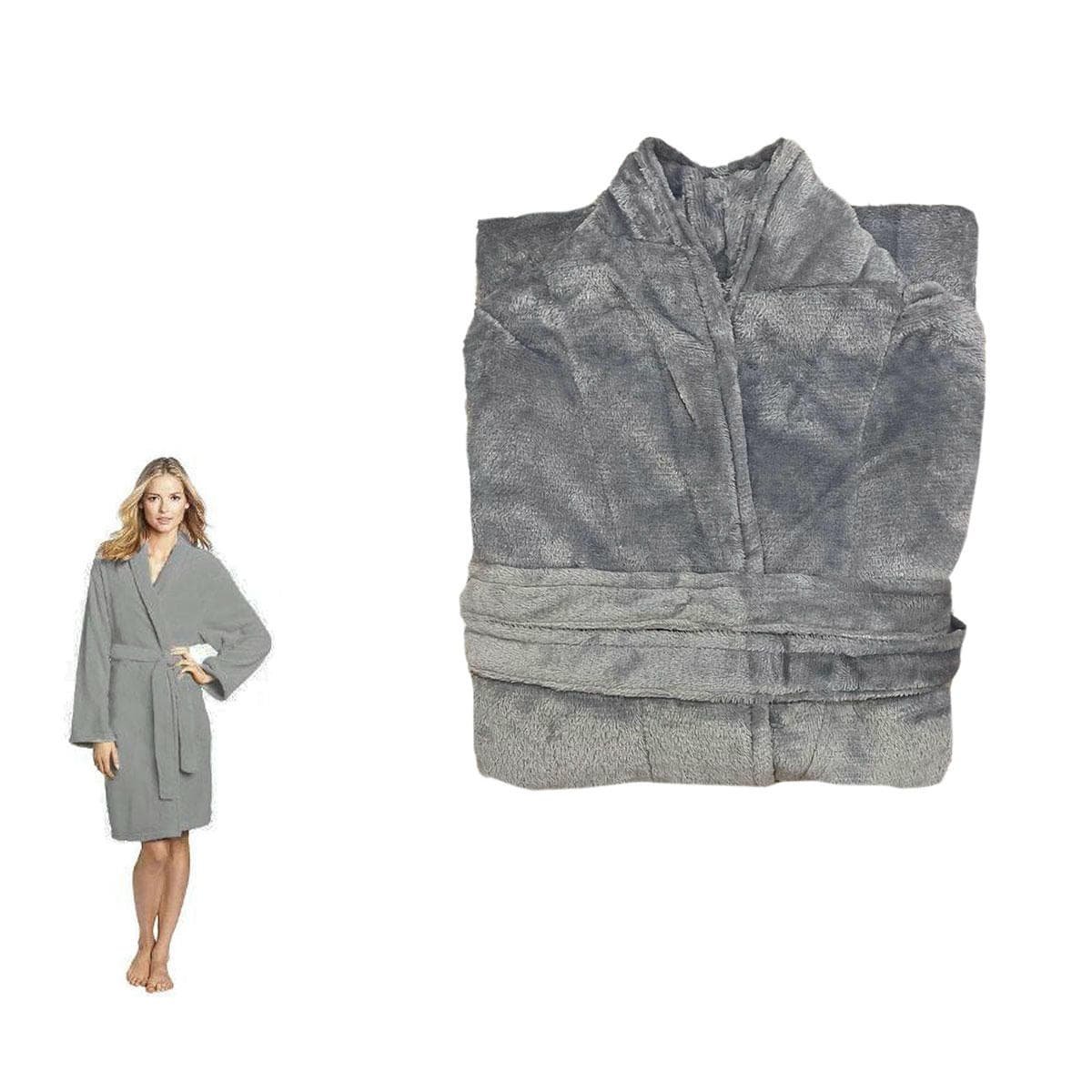 190GSM Ultra Soft Plush Fleece Bath Robe Grey M - V442-BZO-BATHROBE-PLUSH-GREY-M 190GSM Ultra Soft Plush Fleece Bath Robe Grey M