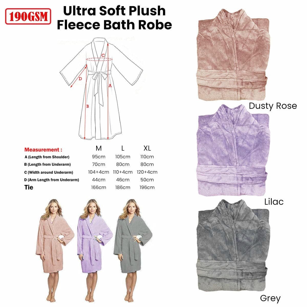 190GSM Ultra Soft Plush Fleece Bath Robe Grey XL - V442-BZO-BATHROBE-PLUSH-GREY-XL 190GSM Ultra Soft Plush Fleece Bath Robe Grey XL - Image 2