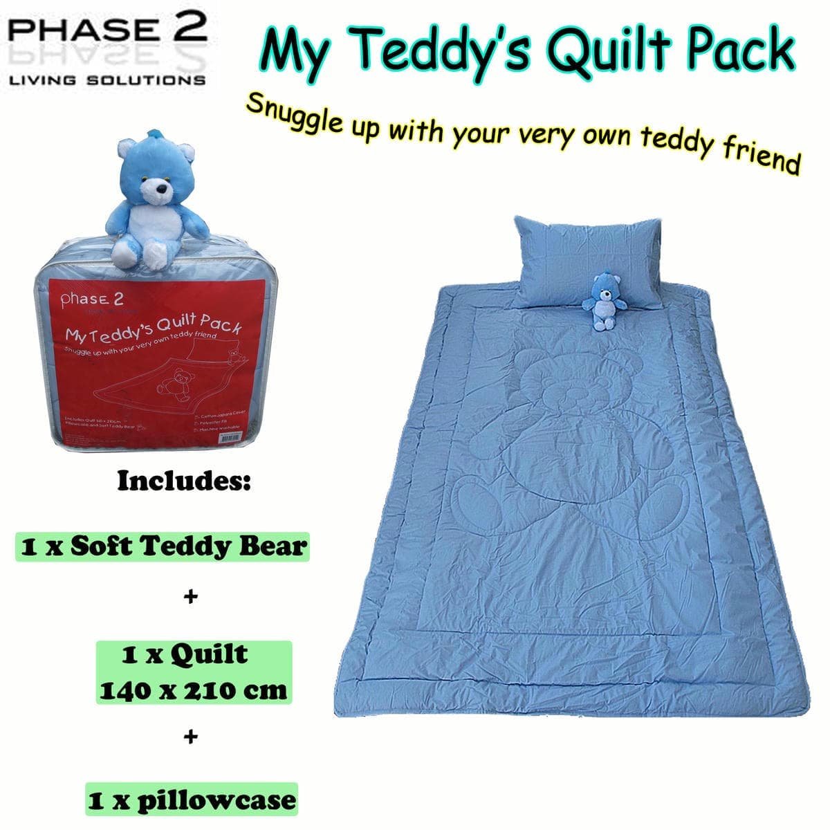 Phase 2 My Teddy's Quilt / Comforter Set with Toy Blue Single - V442-END-QUILT-MYTEDDY-BLUE-SB Phase 2 My Teddy's Quilt / Comforter Set with Toy Blue Single - Image 2