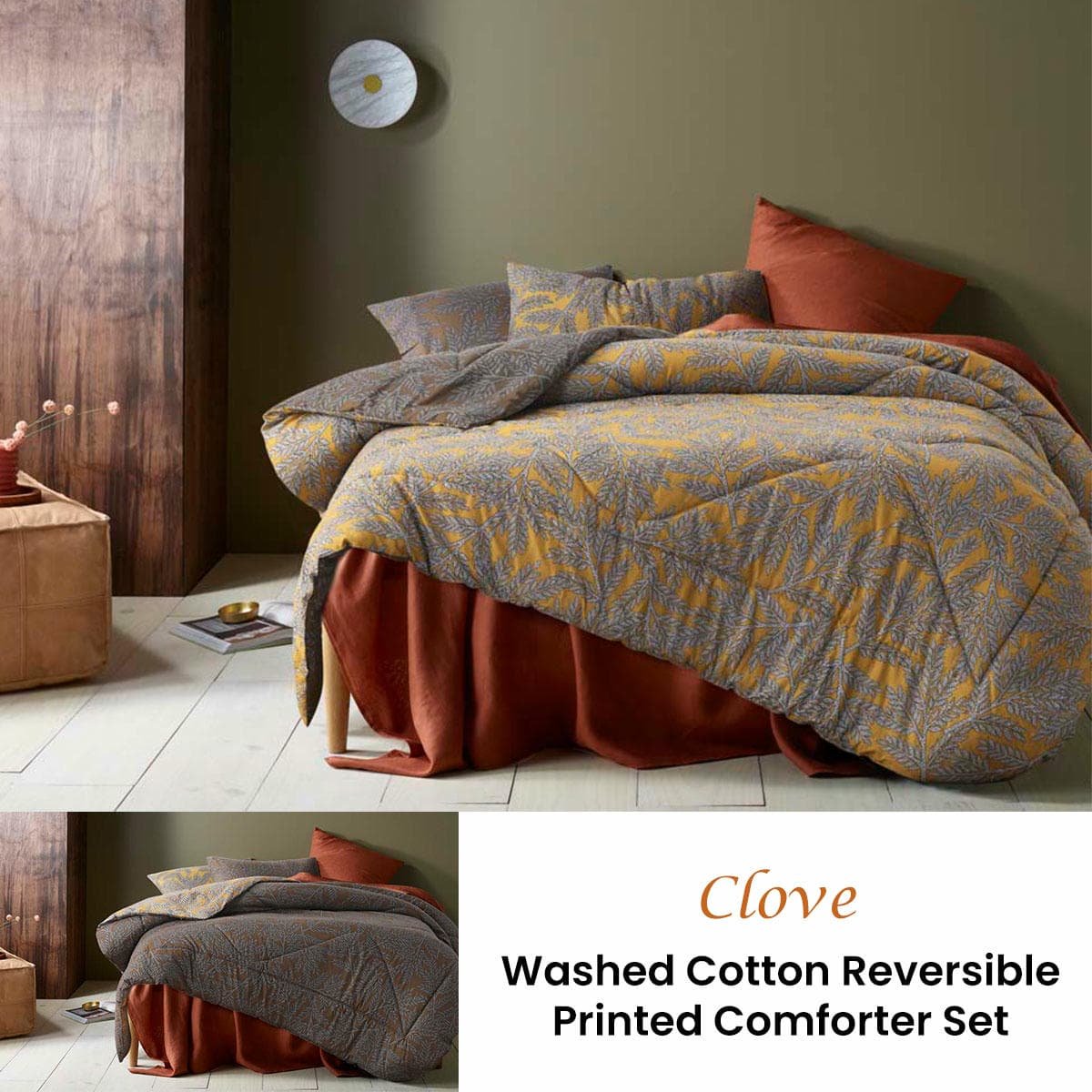 Accessorize Clove Washed Cotton Printed Reversible Comforter Set Queen - V442-HIN-COMFORTER-COTTONCLOVE-MUSTARD-QS Accessorize Clove Washed Cotton Printed Reversible Comforter Set Queen - Image 2