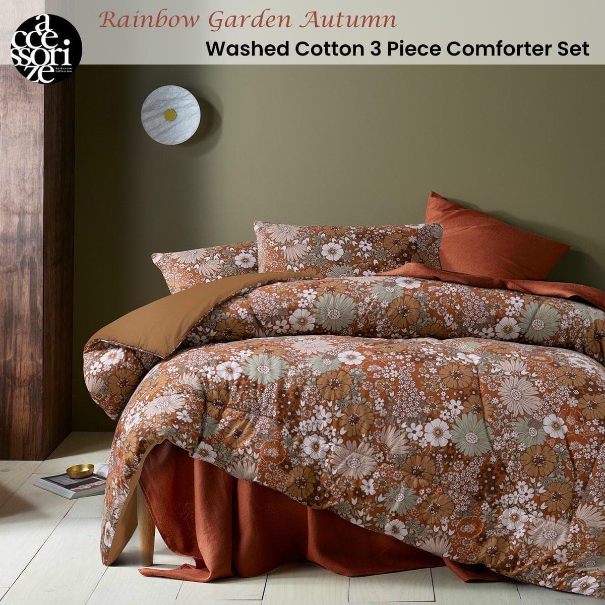 Accessorize 3 Pcs Rainbow Garden Autumn Washed Cotton Comforter Set Double - V442-HIN-COMFORTER-RAINBOWGARDEN-AUTUMN-DS V442 HIN COMFORTER RAINBOWGARDEN AUTUMN DS 197086 01