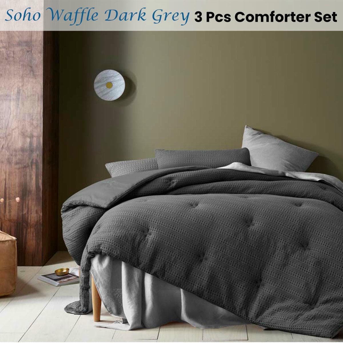 Accessorize Soho Waffle Dark Grey 3 Piece Comforter Set Queen - V442-HIN-COMFORTER-SOHOWAFFLE-DARKGREY-QS V442 HIN COMFORTER SOHOWAFFLE DARKGREY QS 158458 01
