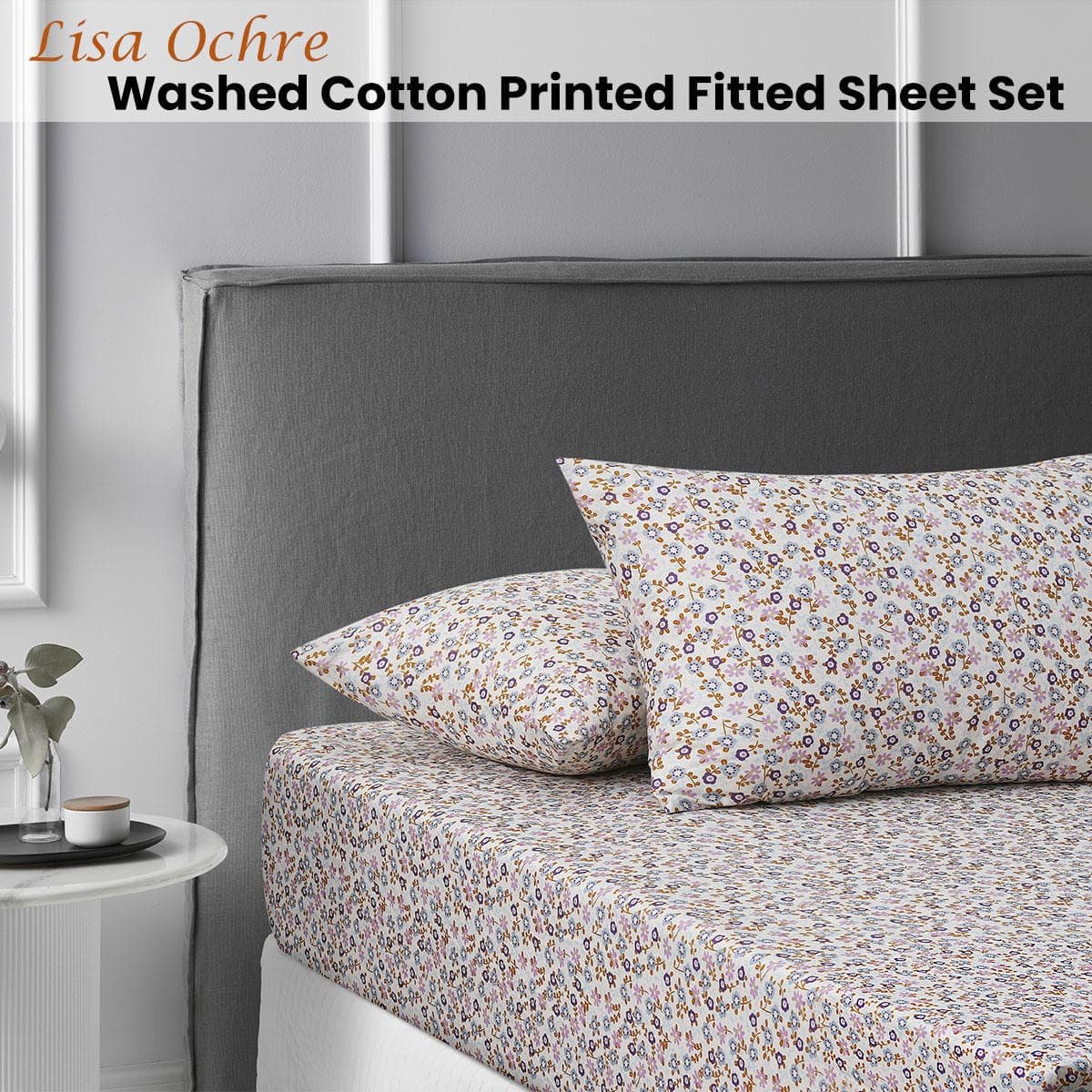 Accessorize Lisa Ochre Washed Cotton Printed Fitted Sheet Set Double - V442-HIN-FITTEDSS-WASHCLISA-OCHRE-DS Accessorize Lisa Ochre Washed Cotton Printed Fitted Sheet Set Double - Image 2