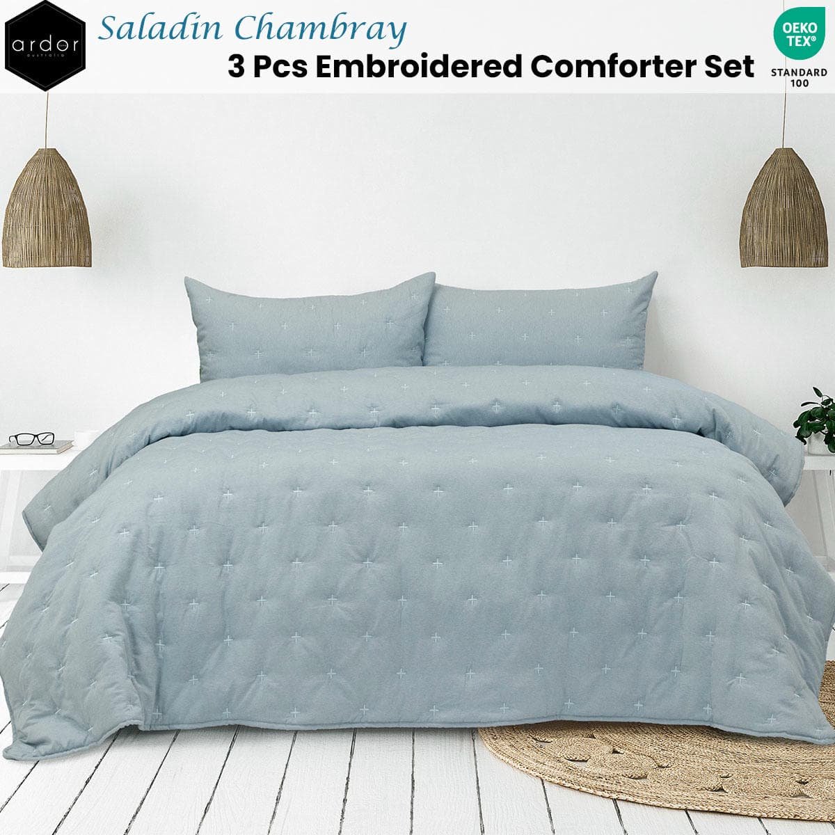 Ardor Saladin Chambray 3 Pcs Embroidered Comforter Set Queen/King - V442-INT-COMFORTER-3PCSSALADIN-CHAMBRAY-QS V442 INT COMFORTER 3PCSSALADIN CHAMBRAY QS 185258 01