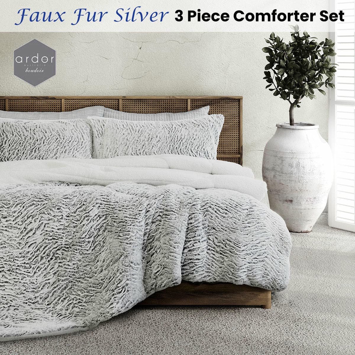 Ardor Faux Fur Silver 3 Piece Comforter Set Single/Double - V442-INT-COMFORTER-FAUXFUR-SILVER-SB V442 INT COMFORTER FAUXFUR SILVER SB 141924 01