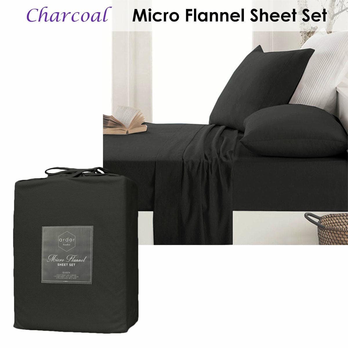 Ardor Micro Flannel Sheet Set Charcoal Mega Queen - V442-INT-SHEETS-ARDORMICROFLANNEL-CHARCOAL-SQ V442 INT SHEETS ARDORMICROFLANNEL CHARCOAL SQ 141457 01