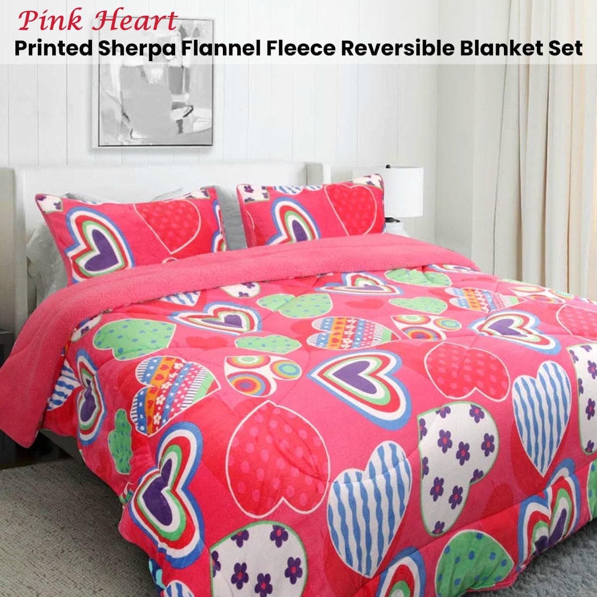 Ramesses Pink Heart Printed Sherpa Flannel Fleece Reversible Blanket Set Queen/King - V442-KIT-BLANKET-SHERPAHEART-PINK-QS V442 KIT BLANKET SHERPAHEART PINK QS 173591 01