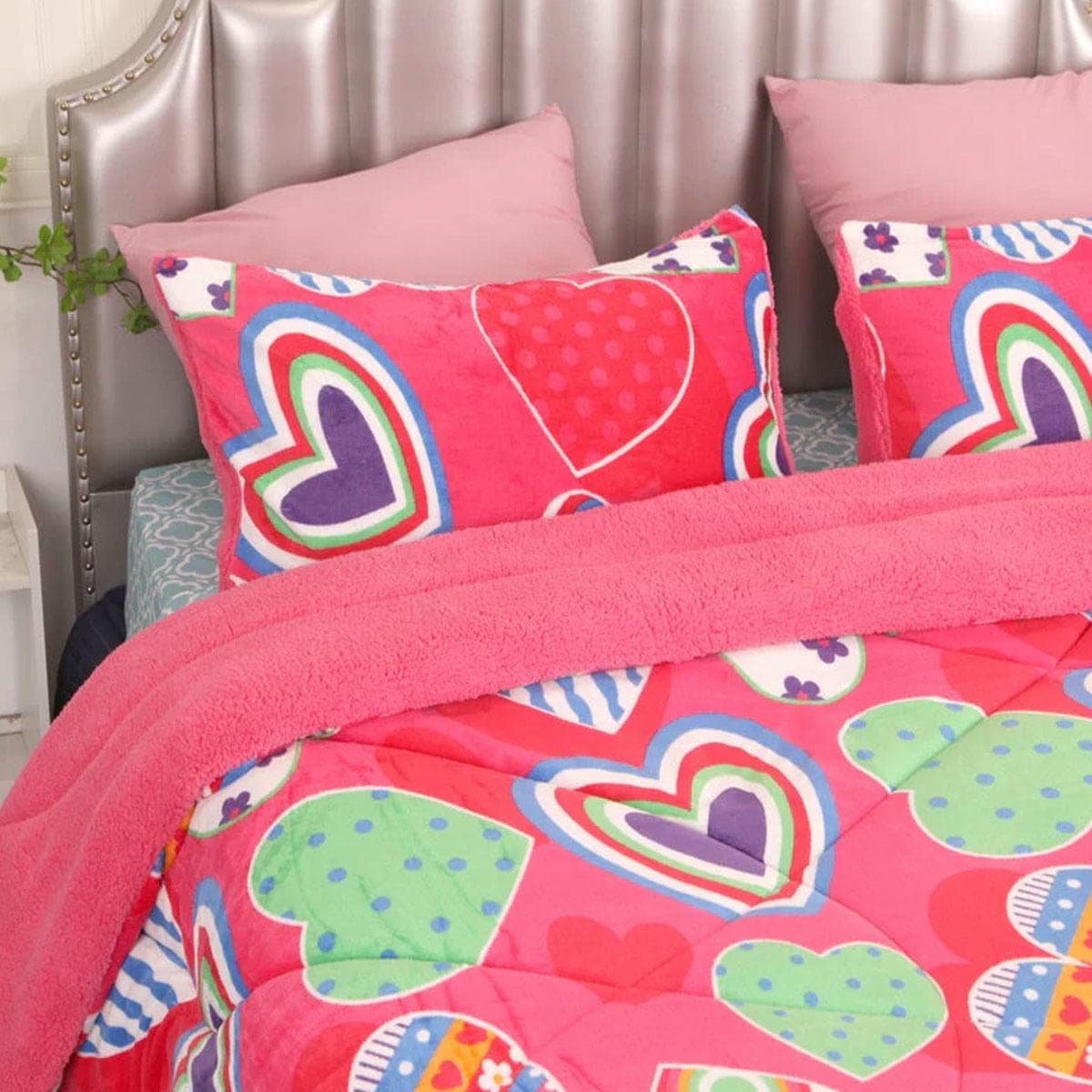 Ramesses Pink Heart Printed Sherpa Flannel Fleece Reversible Blanket Set Queen/King - V442-KIT-BLANKET-SHERPAHEART-PINK-QS V442 KIT BLANKET SHERPAHEART PINK QS 173591 02