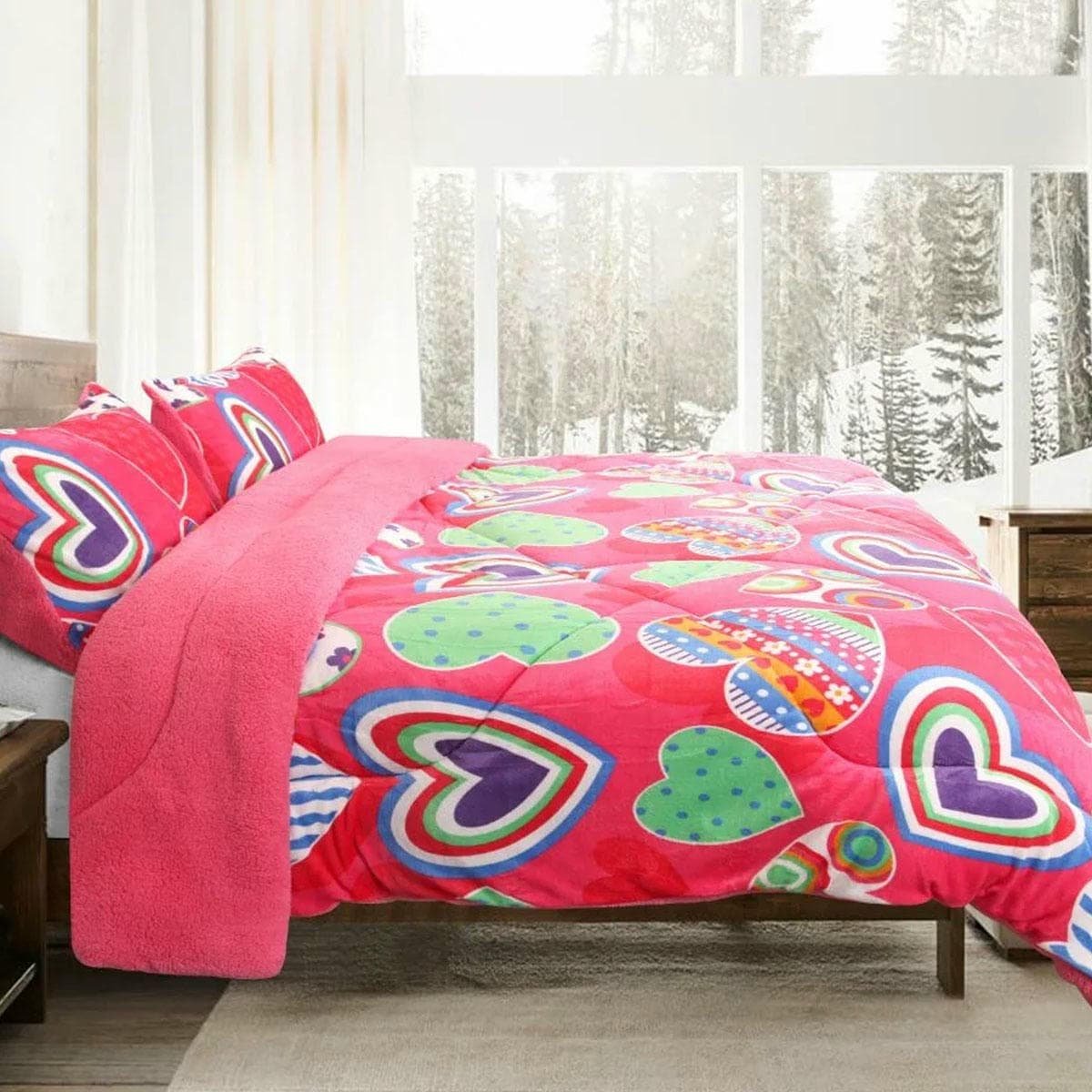 Ramesses Pink Heart Printed Sherpa Flannel Fleece Reversible Blanket Set Queen/King - V442-KIT-BLANKET-SHERPAHEART-PINK-QS V442 KIT BLANKET SHERPAHEART PINK QS 173591 03
