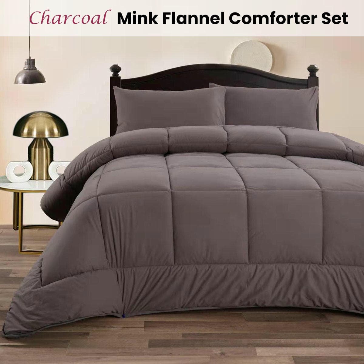 Ramesses Charcoal 3- Piece Mink Flannel Comforter Set Queen - V442-KIT-COMFORTER-3PCMINKFLANNEL-CHARCOAL-QS V442 KIT COMFORTER 3PCMINKFLANNEL CHARCOAL QS 202503241620 01